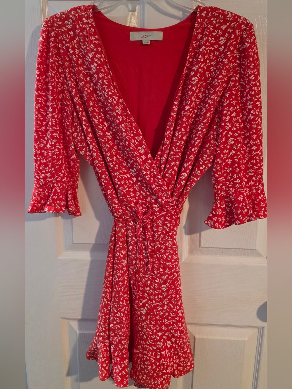 LOFT Red Wraparound Ruffled Romper with White Floral Print Size Medium